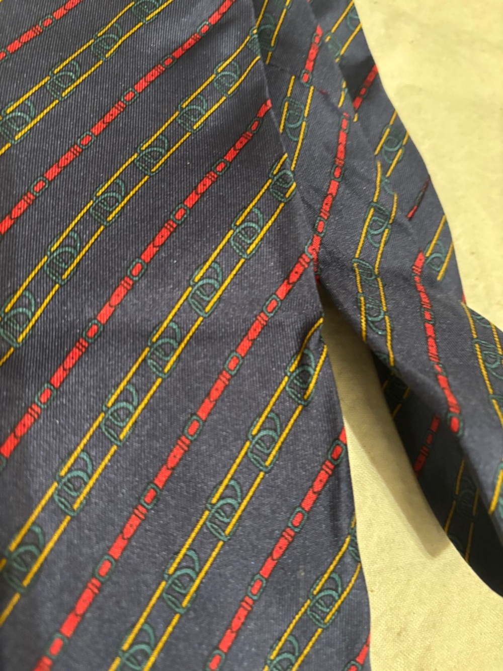 Celine Navy Silk Tie with Red and Gold Diagonal Stripes - Picture 6 of 6